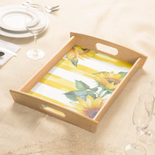 Watercolor Sunflower and Yellow Stripes Pattern Serving Tray