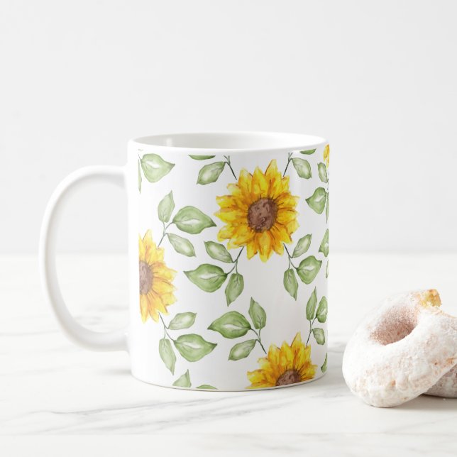 Watercolor sunflower art coffee mug (With Donut)