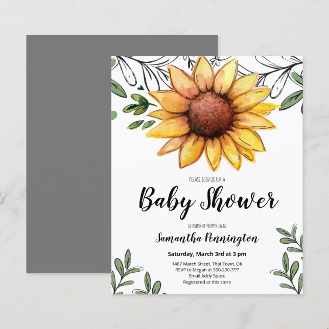 Watercolor Sunflower Baby Shower Budget Invitation (Front/Back)
