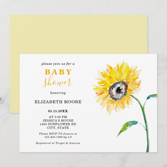 Watercolor sunflower Baby shower elegant simple Invitation (Front/Back)
