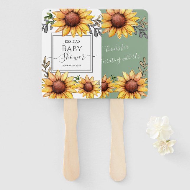 Watercolor Sunflower Baby Shower Hand Fan (Front and Back)