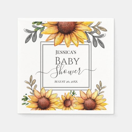 Watercolor Sunflower Baby Shower Napkins