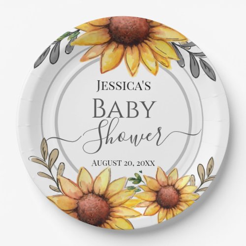 Watercolor Sunflower Baby Shower Paper Plates