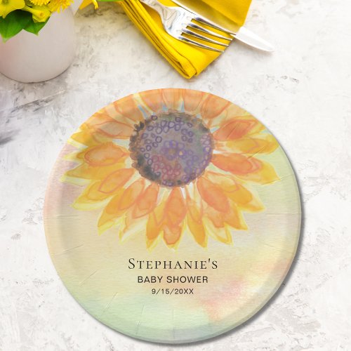 Watercolor Sunflower Baby Shower Paper Plates