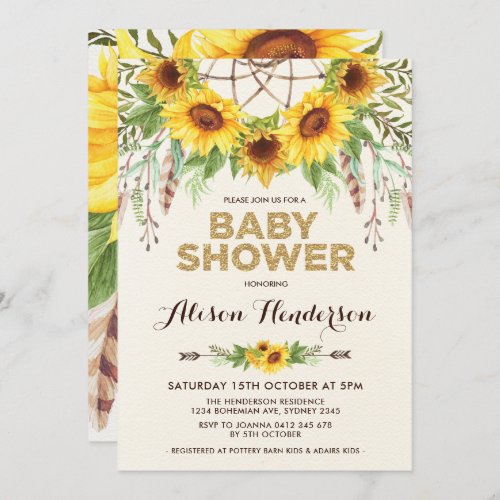 Watercolor Sunflower Baby Shower Rustic Bohemian Invitation