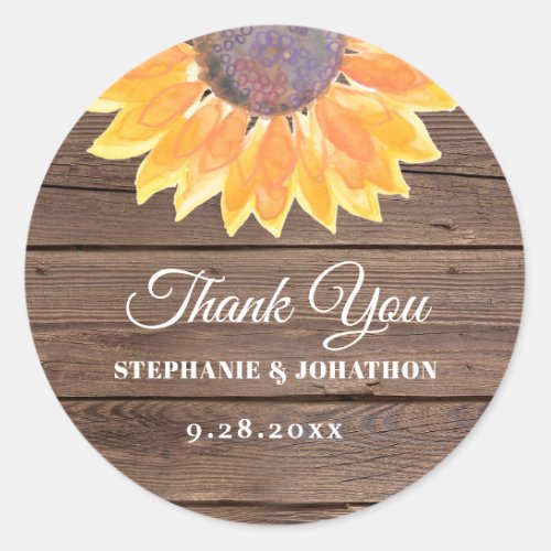 Watercolor Sunflower Barn Wood Thank You Classic Round Sticker