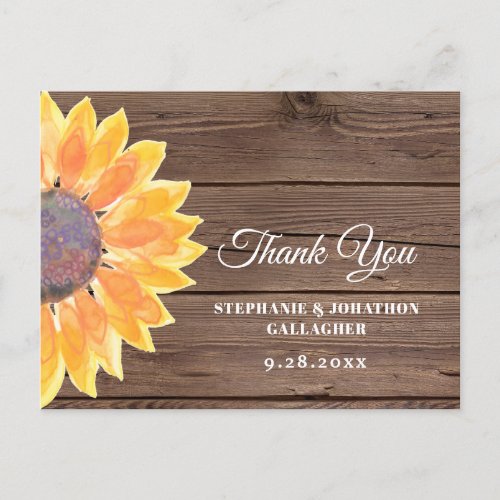 Watercolor Sunflower Barn Wood Thank You Postcard