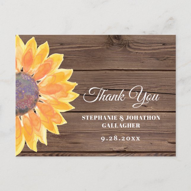 Watercolor Sunflower Barn Wood Thank You Postcard (Front)