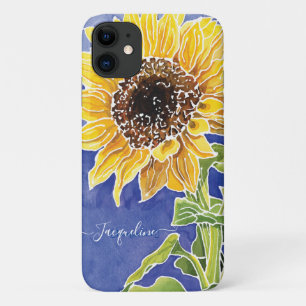 Watercolor Sunflower Batik Blue and Yellow Floral iPhone 11 Case