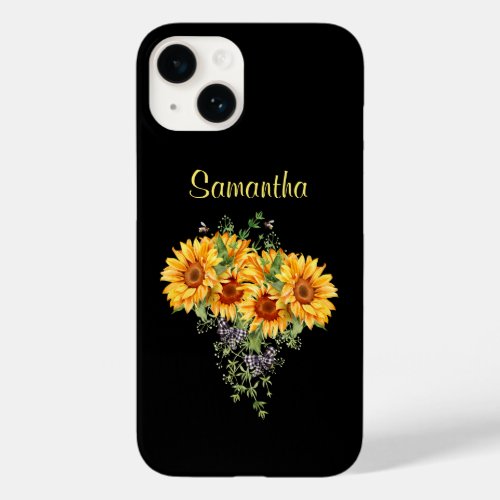 Watercolor Sunflower Bees Plaid Bows on Black Case_Mate iPhone 14 Case