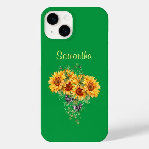Watercolor Sunflower Bees Plaid Bows on Green Case_Mate iPhone 14 Case
