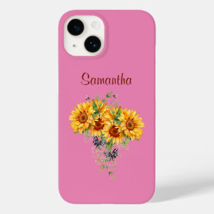Watercolor Sunflower Bees Plaid Bows on Pink Case-Mate iPhone 14 Case