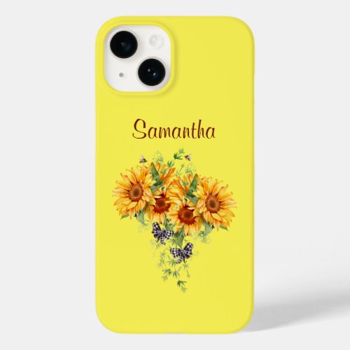 Watercolor Sunflower Bees Plaid Bows on Yellow Case_Mate iPhone 14 Case