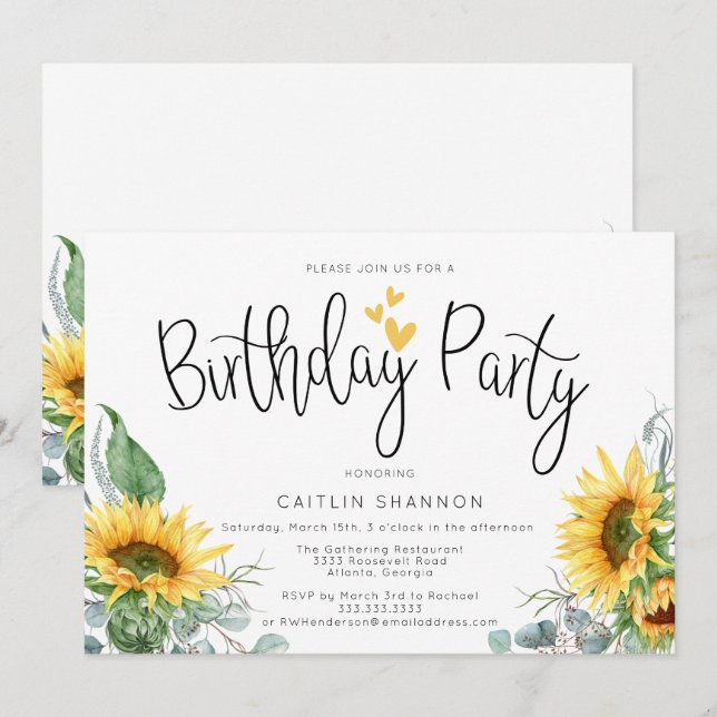 Watercolor Sunflower Birthday Party Invitation (Front/Back)