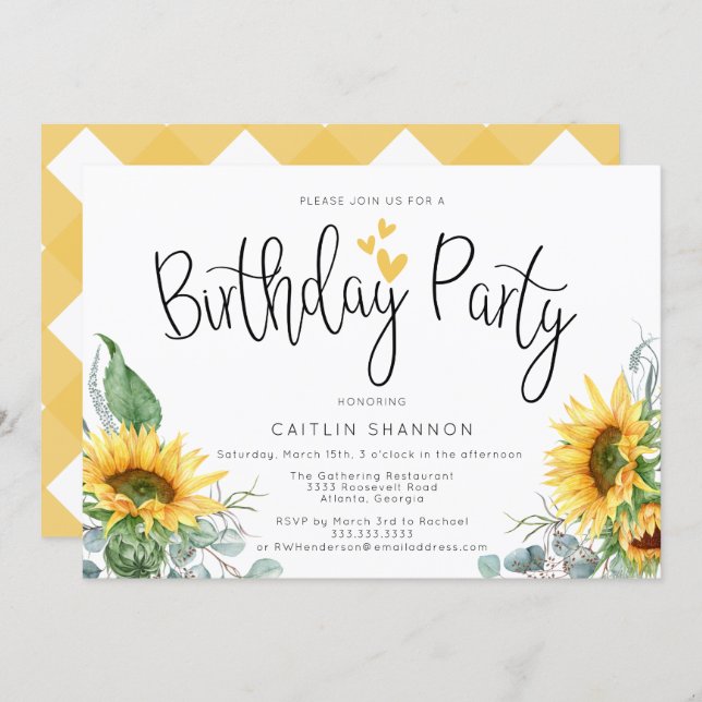 Watercolor Sunflower Birthday Party Invitation (Front/Back)