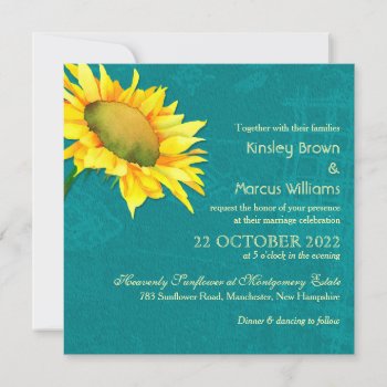 Watercolor Sunflower Blue Jade Wedding Invitation by BridalHeaven at Zazzle