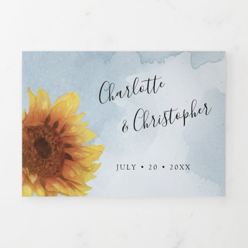 Watercolor sunflower blush blue all in one wedding Tri_Fold invitation