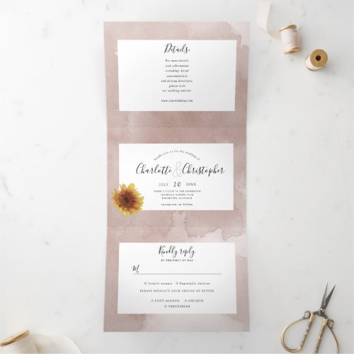 Watercolor sunflower blush pink all in one wedding Tri_Fold invitation