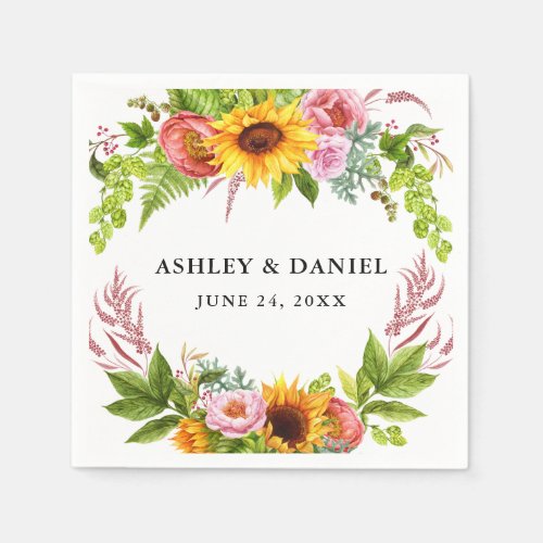 Watercolor Sunflower Boho Floral Wedding Napkins