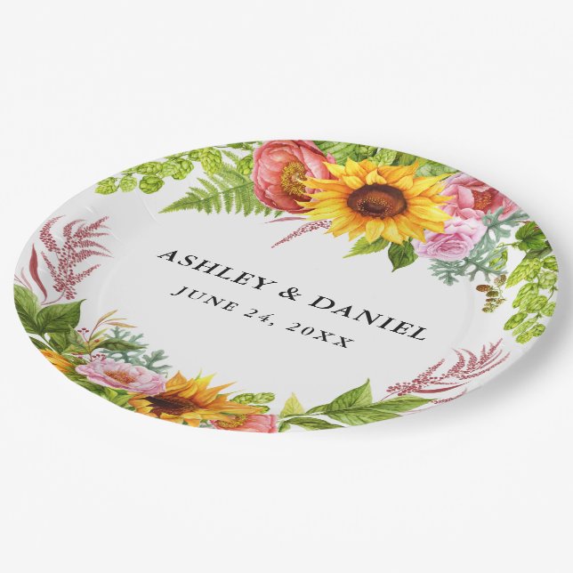Watercolor Sunflower Boho Floral Wedding Paper Plates (Angled)