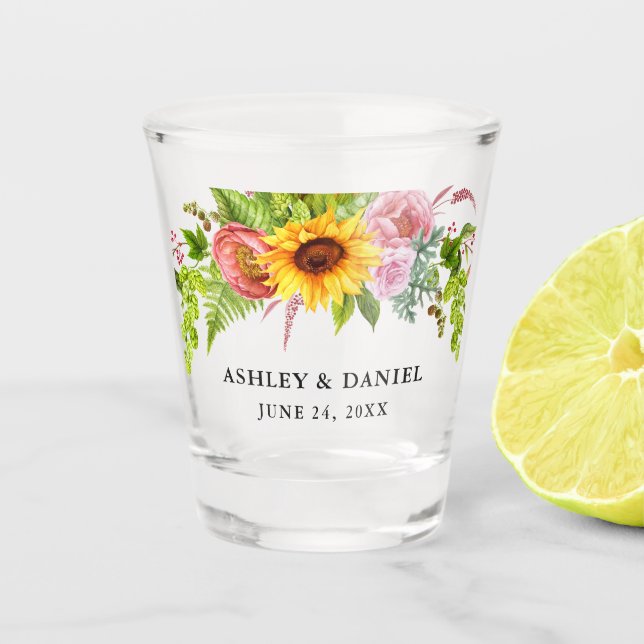 Watercolor Sunflower Boho Floral Wedding Shot Glass (Front)