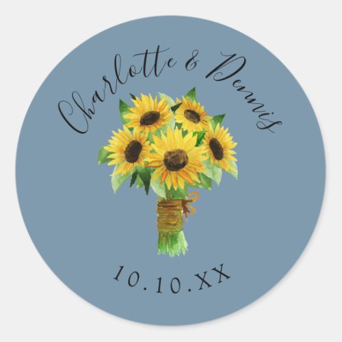 Watercolor sunflower bouquet and blue wedding classic round sticker