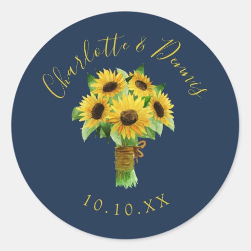 Watercolor sunflower bouquet and navy wedding classic round sticker