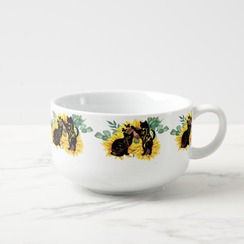 Watercolor Sunflower Bouquet Cat Floral Silhouette Soup Mug