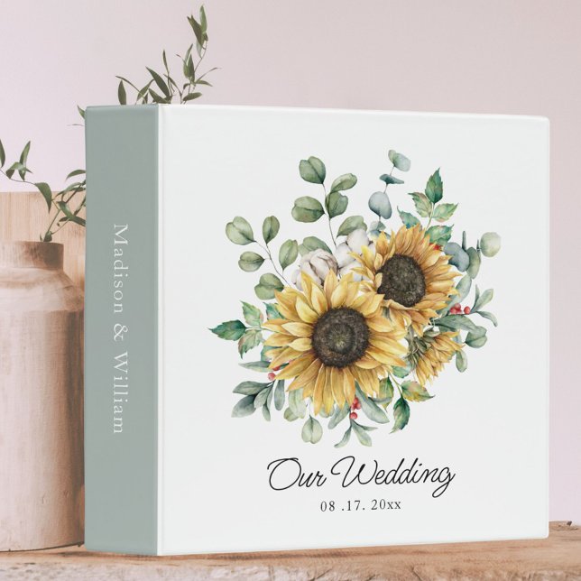 Watercolor Sunflower Bouquet Wedding Album 3 Ring Binder (In situ on table)