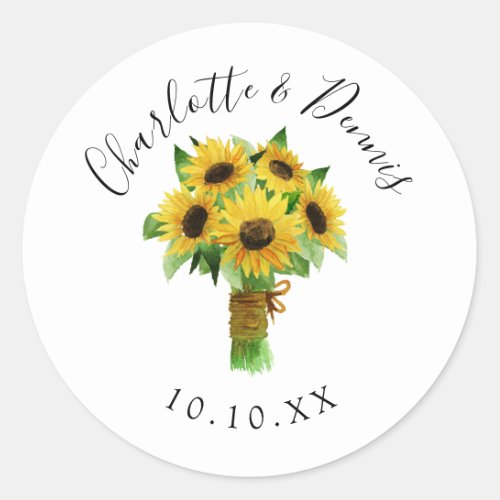 Watercolor sunflower bouquet wedding classic round sticker