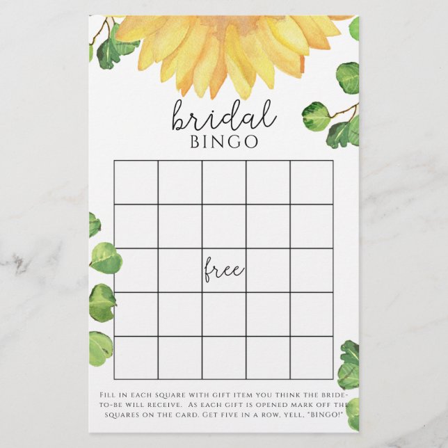 Watercolor sunflower bridal shower bingo game (Front)