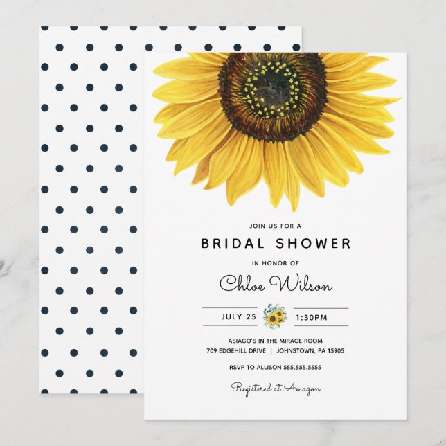 Watercolor Sunflower Bridal Shower Invitation (Front/Back)