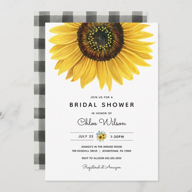 Watercolor Sunflower Bridal Shower Invitation (Front/Back)