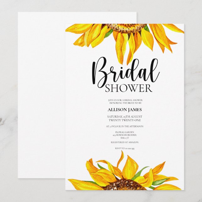 Watercolor Sunflower Bridal Shower Invitation (Front/Back)
