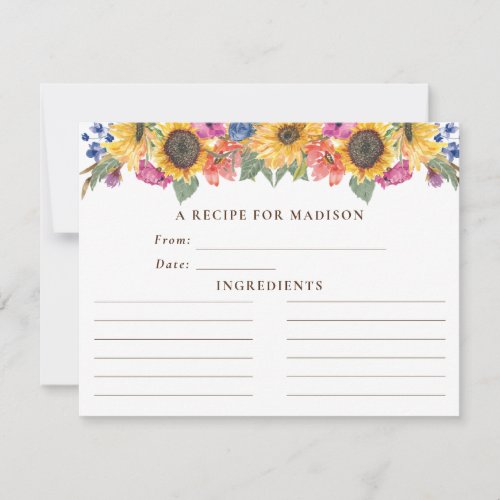 Watercolor Sunflower  Bridal Shower Recipe Card