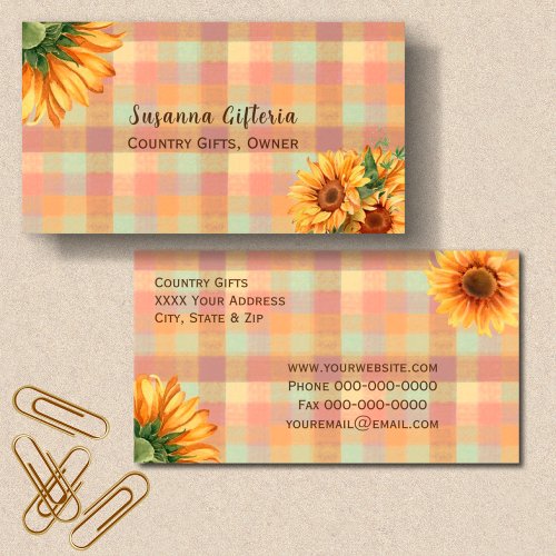 Watercolor Sunflower Country Plaid Business Card