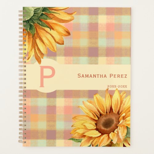 Watercolor Sunflower Country Plaid Monogram Planner