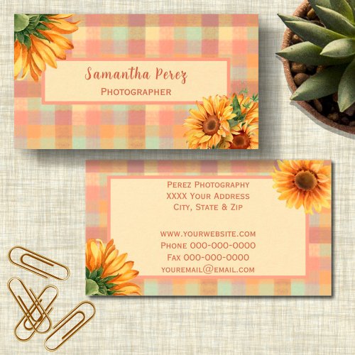 Watercolor Sunflower Country Plaids Business Card
