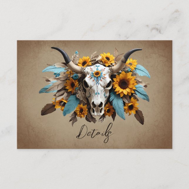Watercolor sunflower Cow Skull Wedding QR code Enclosure Card (Front)