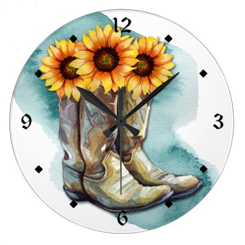 Watercolor Sunflower Cowgirl Boots Large Clock