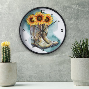 Watercolor Sunflower Cowgirl Boots Large Clock