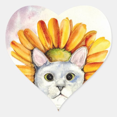 Watercolor sunflower cute kitty heart sticker