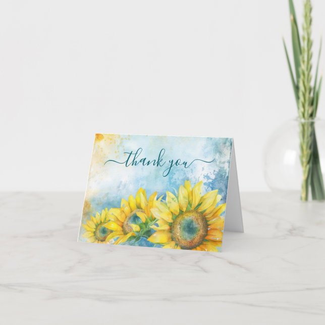 Watercolor Sunflower Dark Teal Thank You Card (Front)