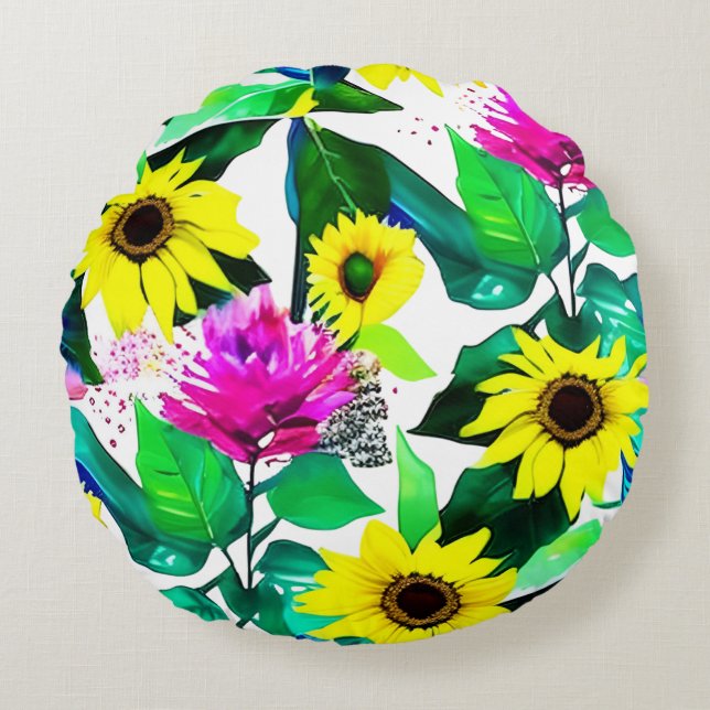 Watercolor Sunflower design Round Pillow (Front)