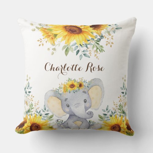 Watercolor Sunflower Elephant Baby Girl Nursery Throw Pillow