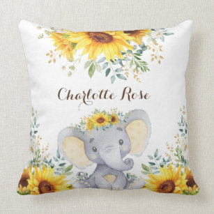 Watercolor Sunflower Elephant Baby Girl Nursery Throw Pillow