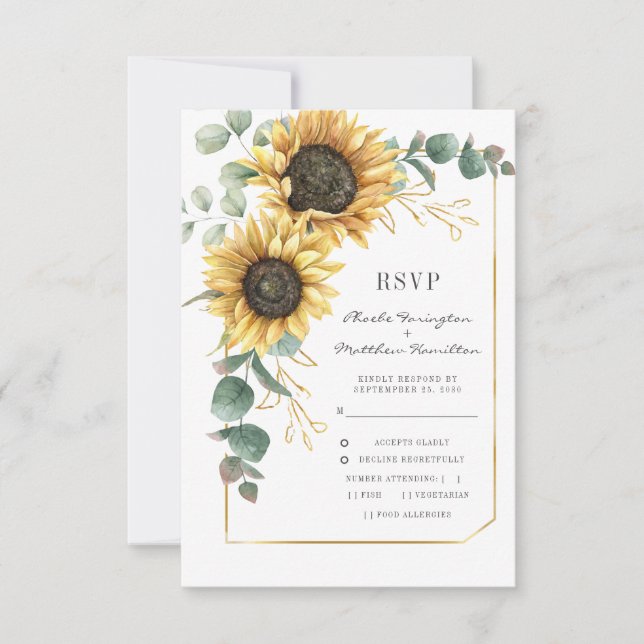 Watercolor Sunflower Eucalyptus Floral Wedding RSVP Card (Front)