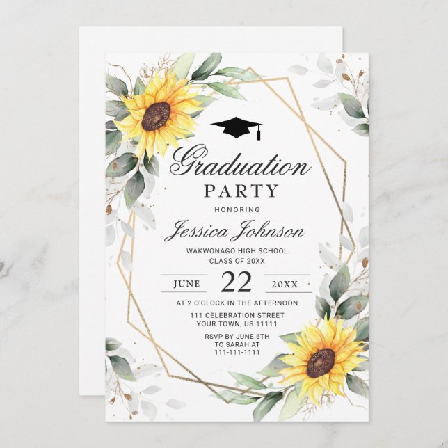 Watercolor Sunflower Eucalyptus  Graduation Party  Invitation (Front/Back)