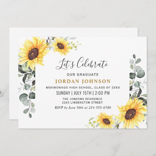 Watercolor Sunflower Eucalyptus Graduation Party Invitation