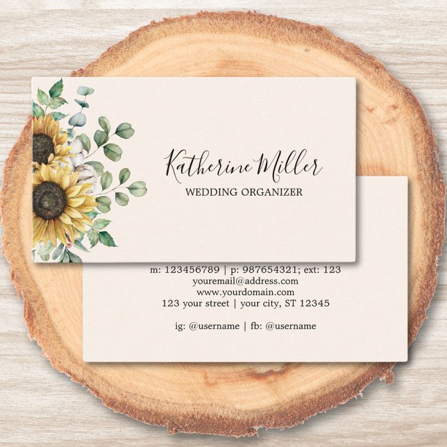 Watercolor Sunflower Eucalyptus Rustic Business Business Card (In situ wood table)